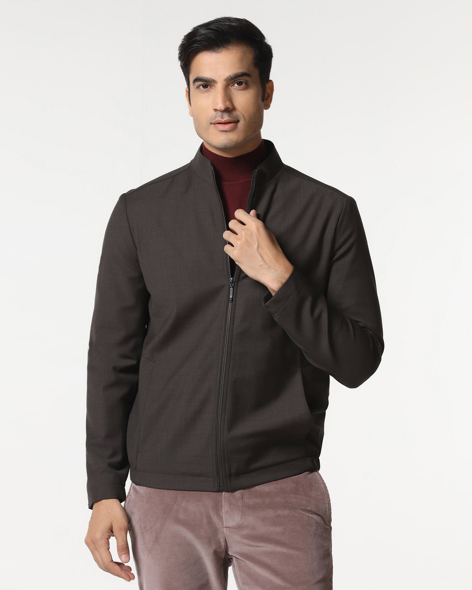 Brown Solid Zipper Jacket - Zeno