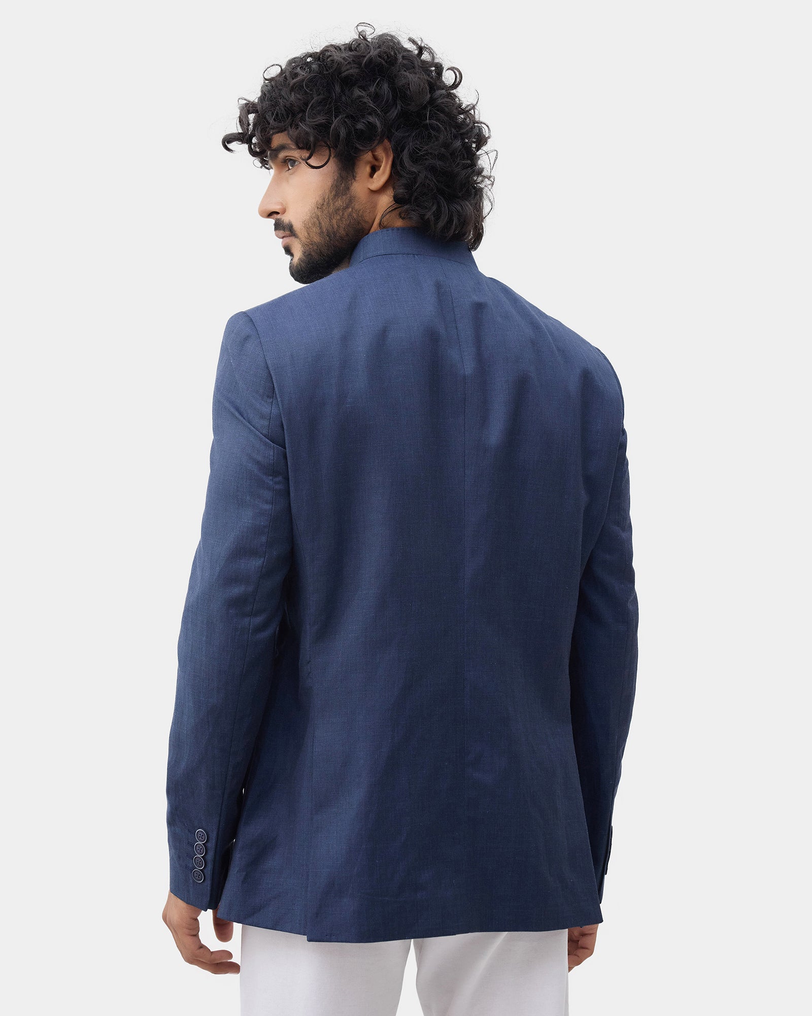 Navy Solid Linen Bandhgala - Caizo