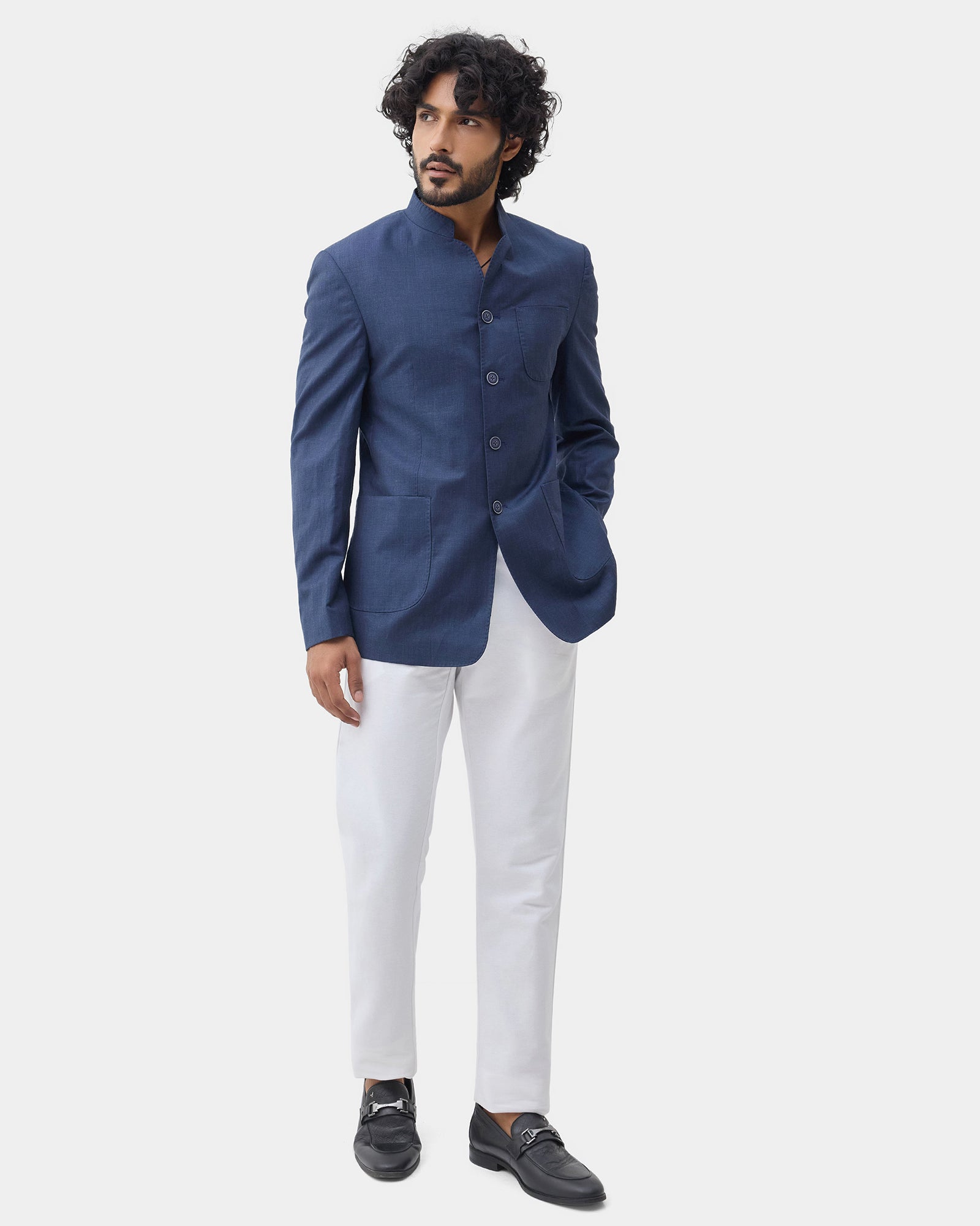 Navy Solid Linen Bandhgala - Caizo