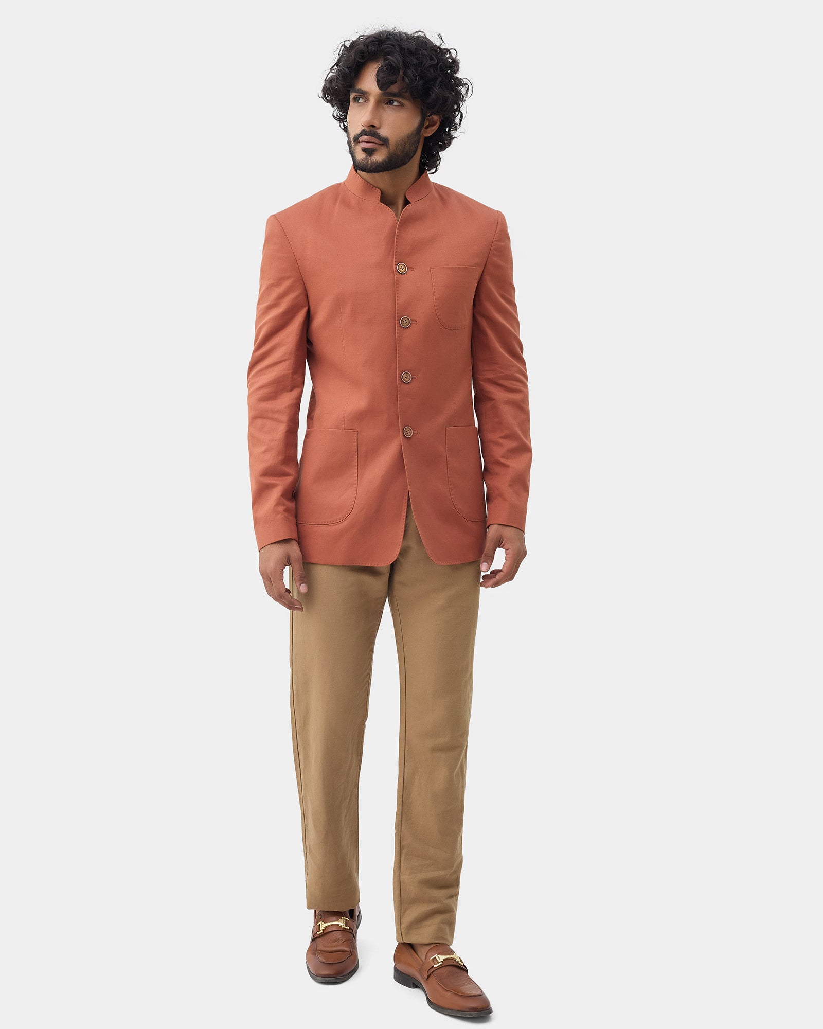 Rust Solid Linen Bandhgala - Yumi