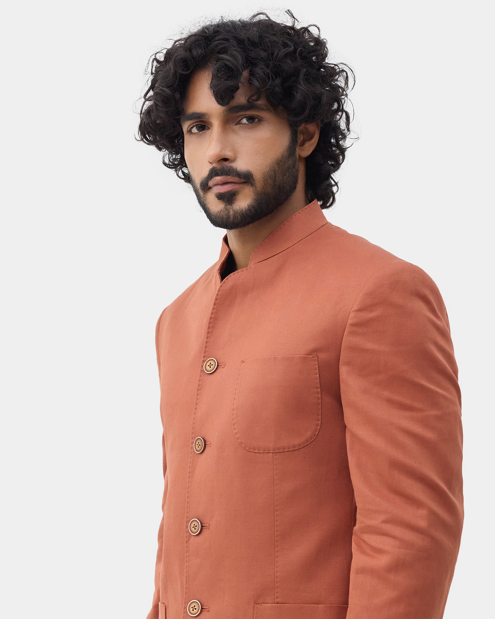 Rust Solid Linen Bandhgala - Yumi