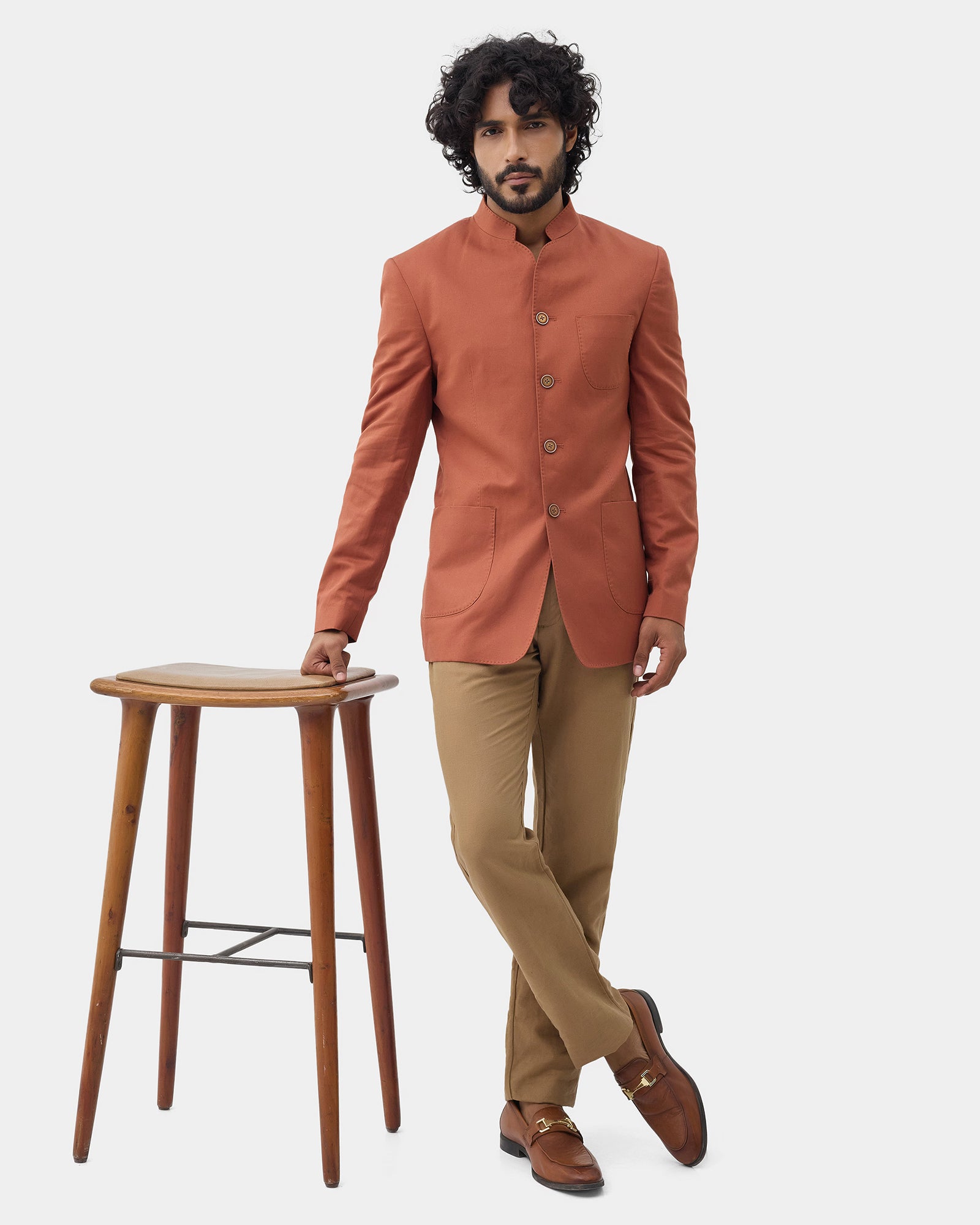 Rust Solid Linen Bandhgala - Yumi