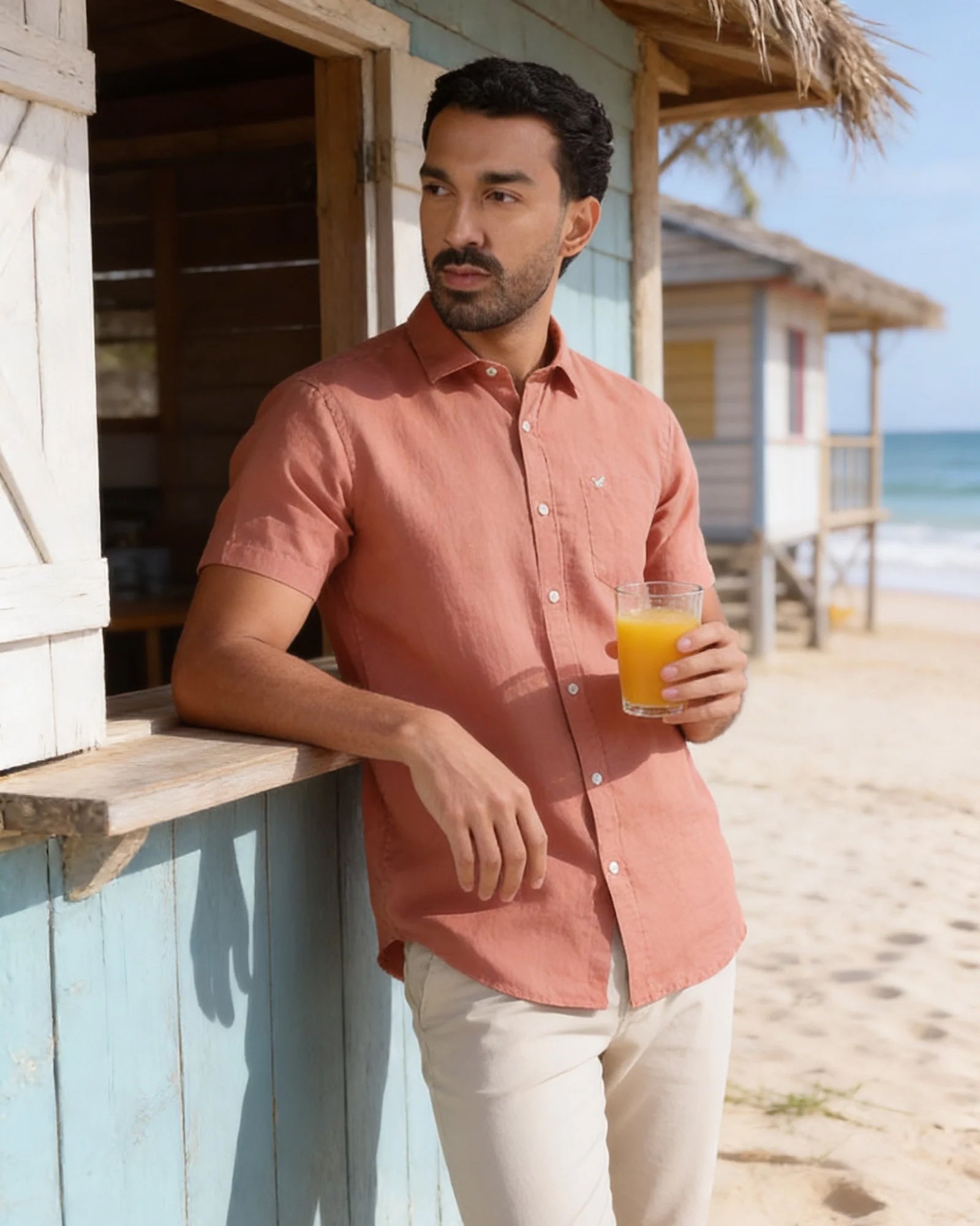 Peach Half Sleeve Linen Solid Shirt - Cleo