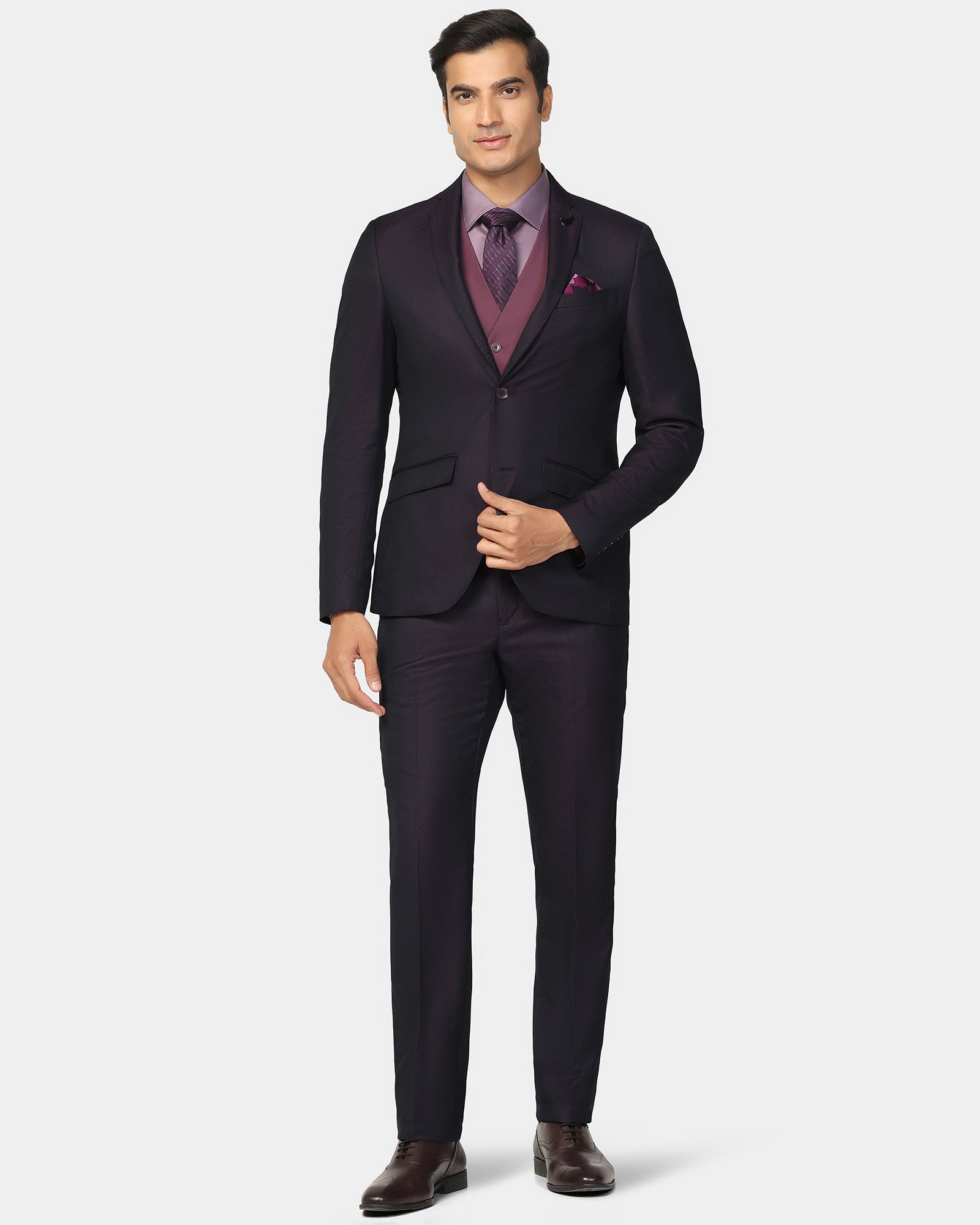 Three Piece Wine Textured Formal Suit - Banhoff