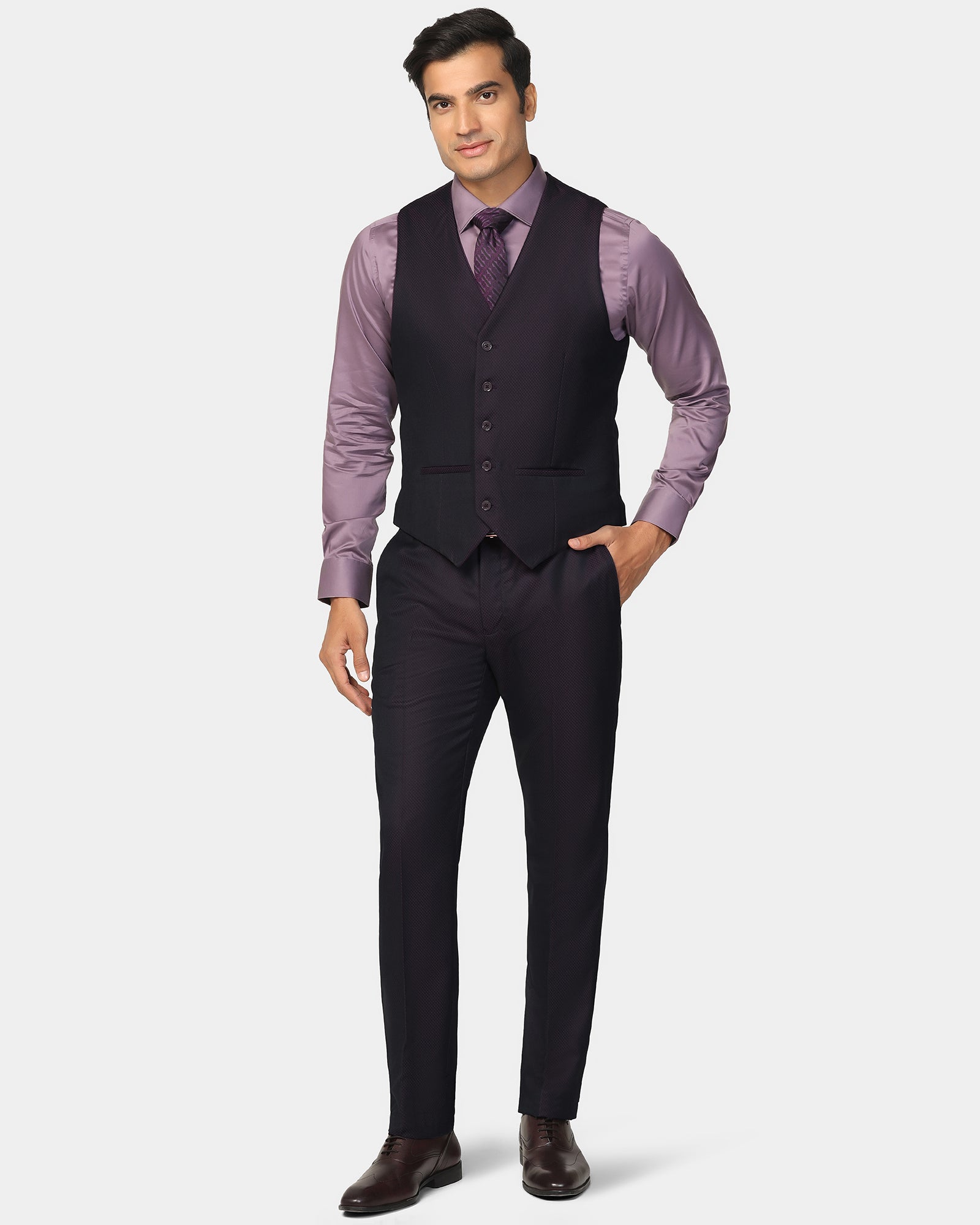 Three Piece Wine Textured Formal Suit - Banhoff
