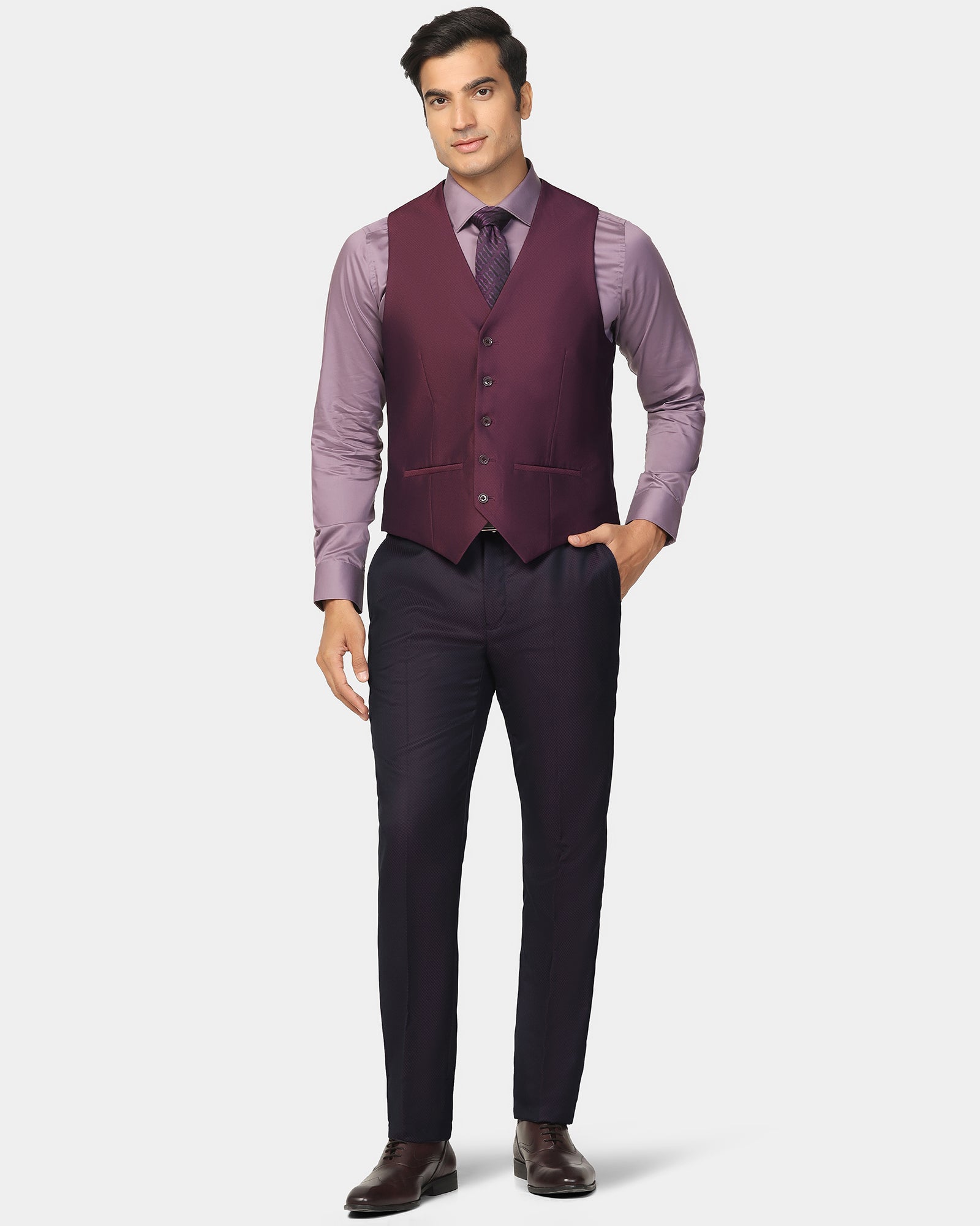 Three Piece Wine Textured Formal Suit - Banhoff