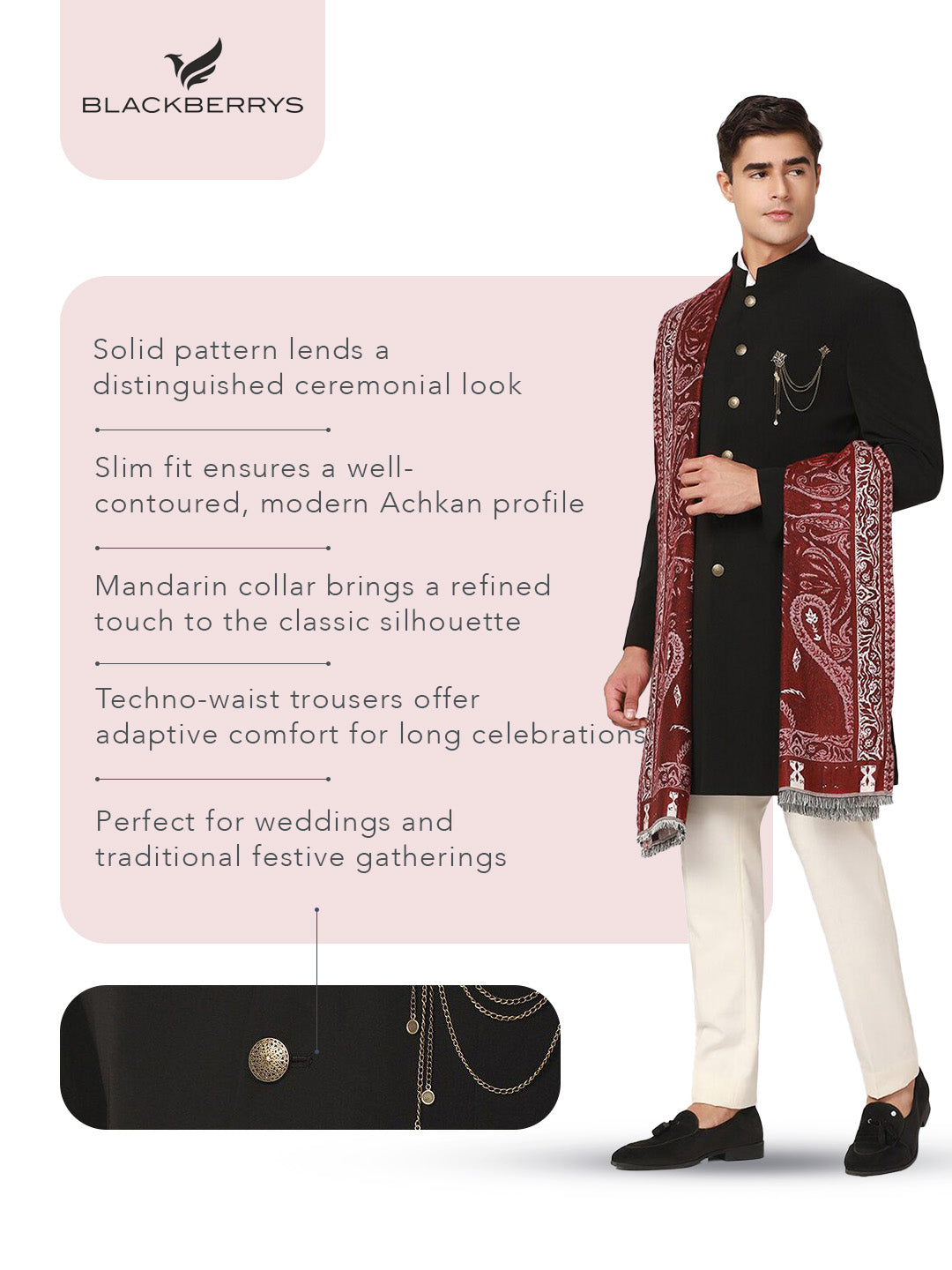 Black Swarn Solid Achkan Set - Richard