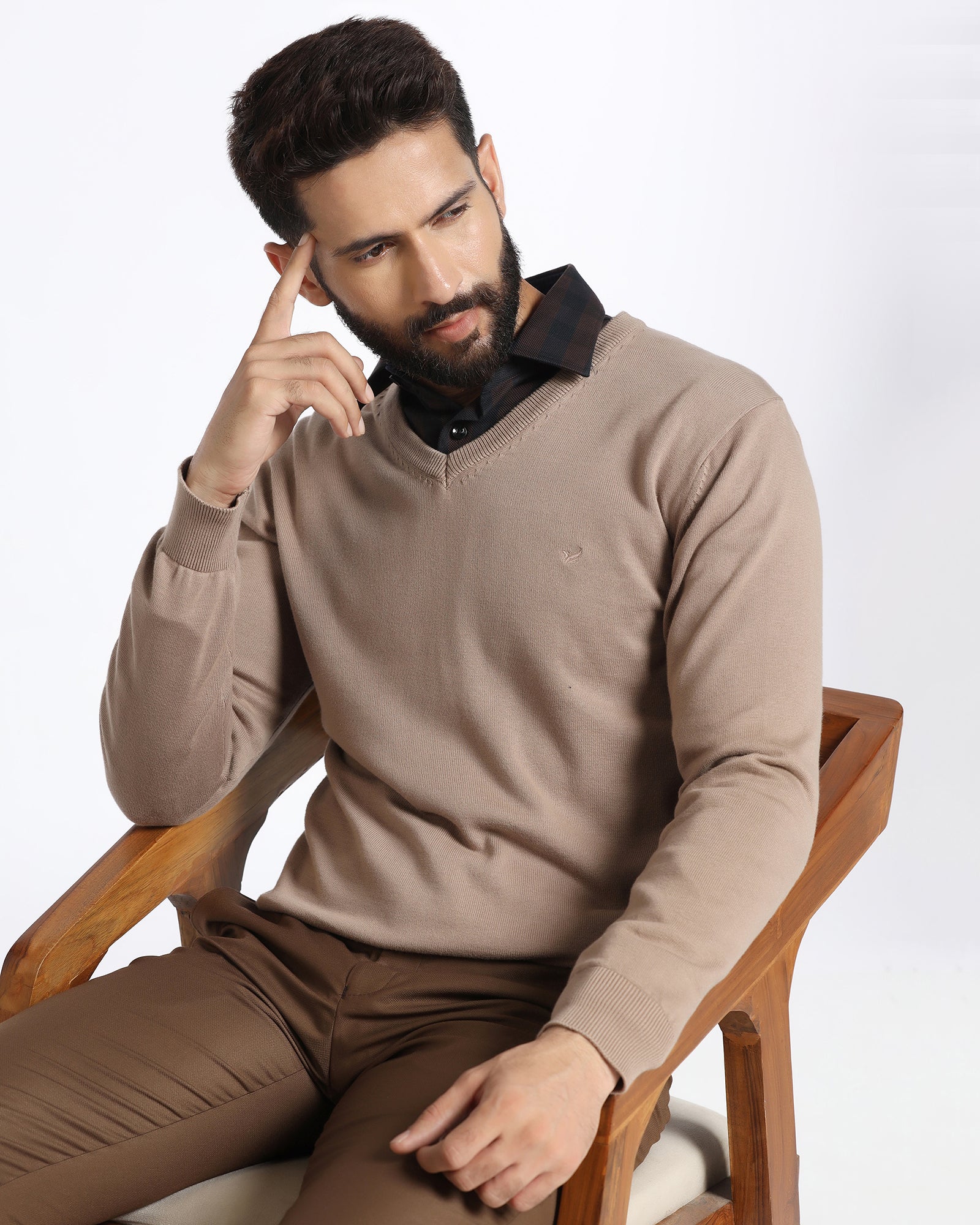 Camel V-Neck Solid Sweatshirt - Vneckter