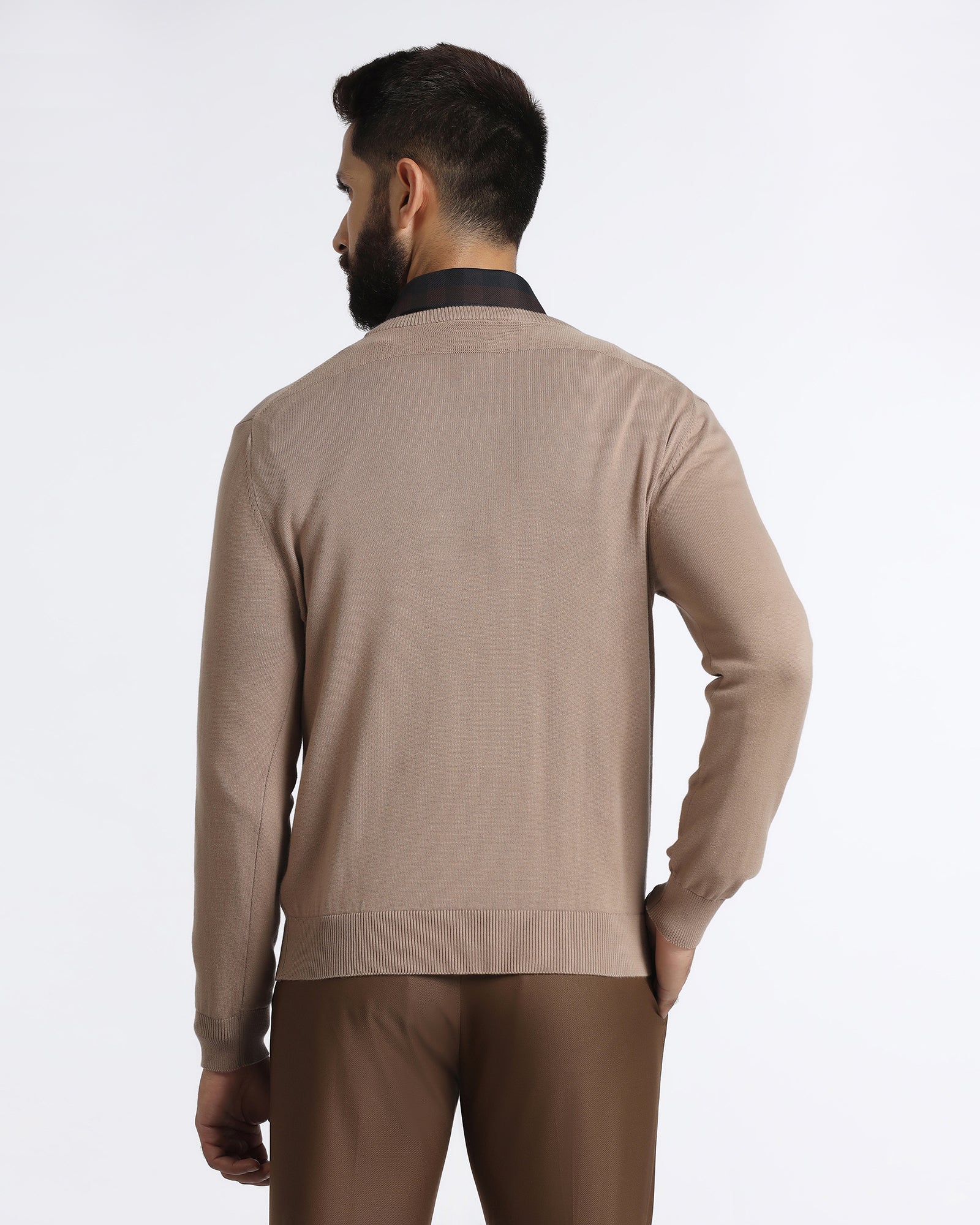 Camel V-Neck Solid Sweatshirt - Vneckter