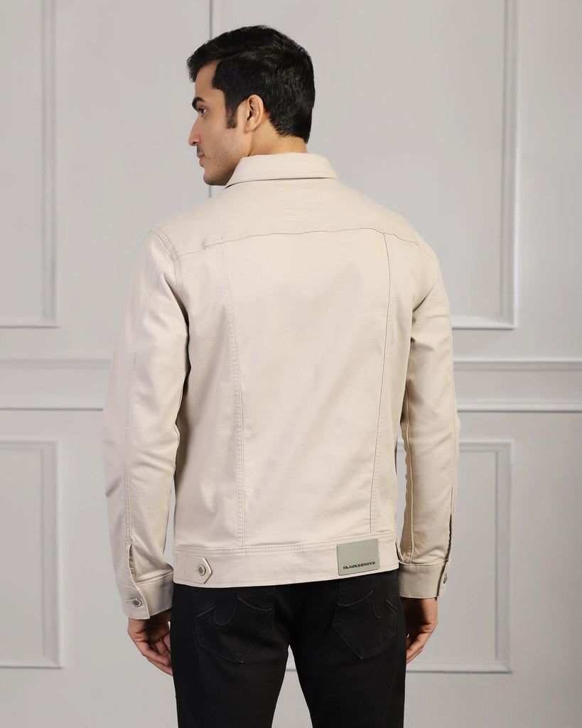 Casual Beige Solid Denim Jacket - Jeff