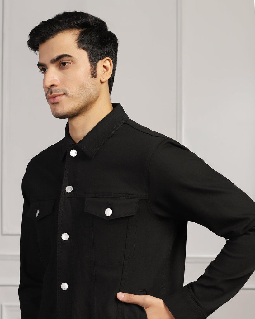 Casual Black Solid Denim Jacket - Jeunet