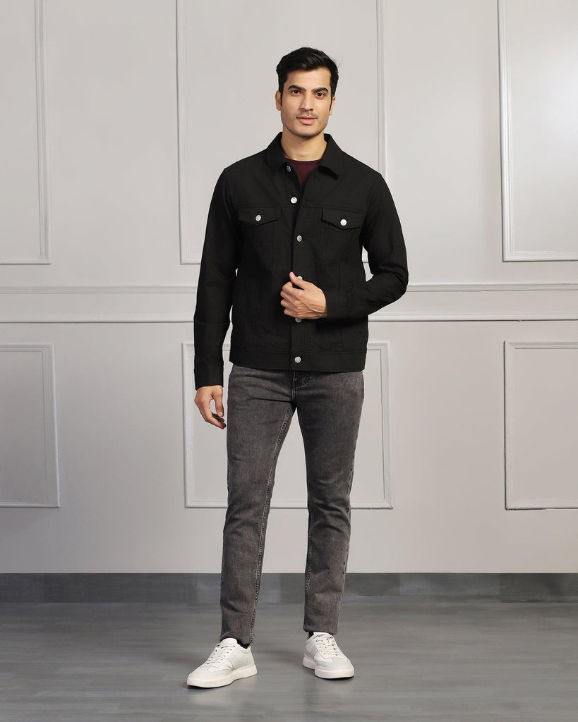 Casual Black Solid Denim Jacket - Jeunet