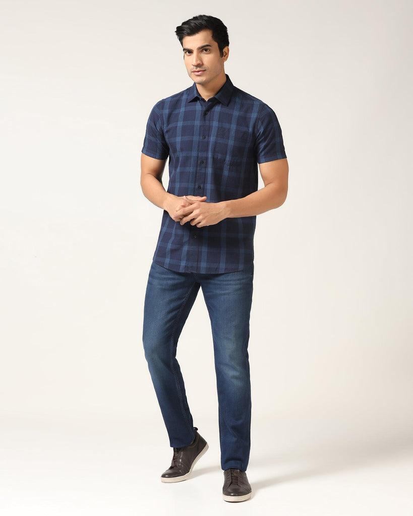 Casual Half Sleeve Blue Check Shirt - Audrey