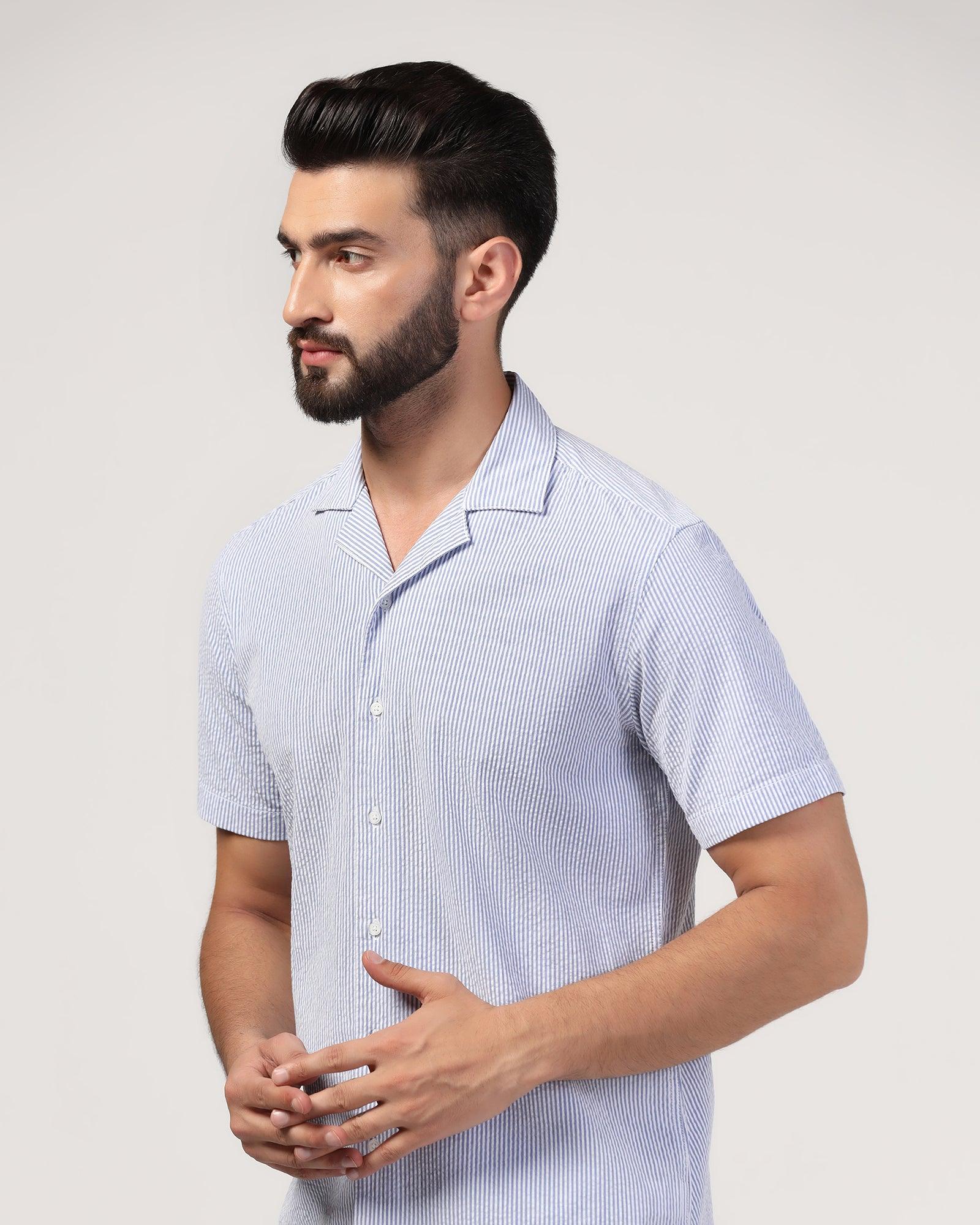 Casual Half Sleeve Blue Textured Shirt - Jaffy
