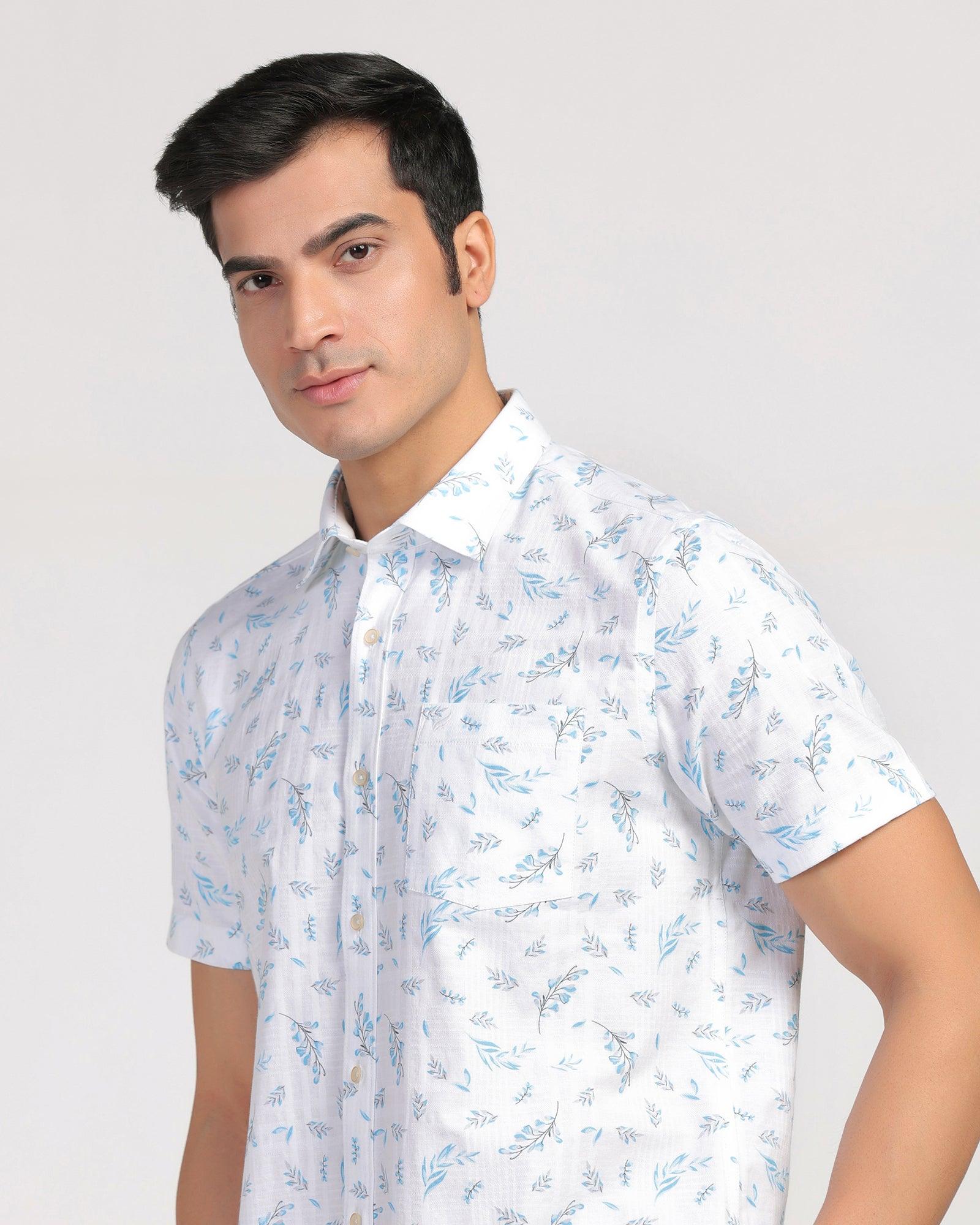 Linen Casual Half Sleeve Blue Printed Shirt - Martin - Blackberrys