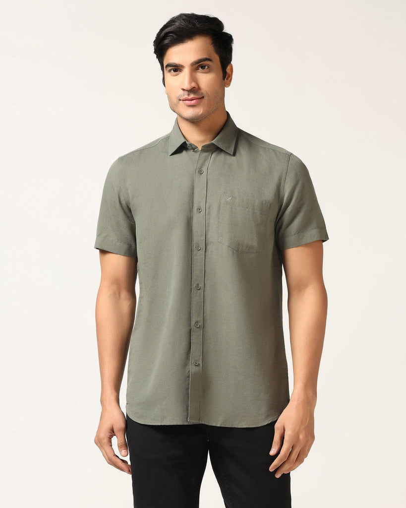 Linen Casual Half Sleeve Olive Solid Shirt - Salmon