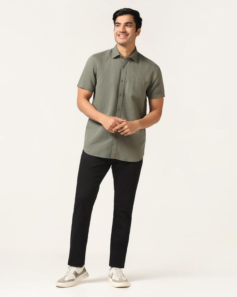 Linen Casual Half Sleeve Olive Solid Shirt - Salmon