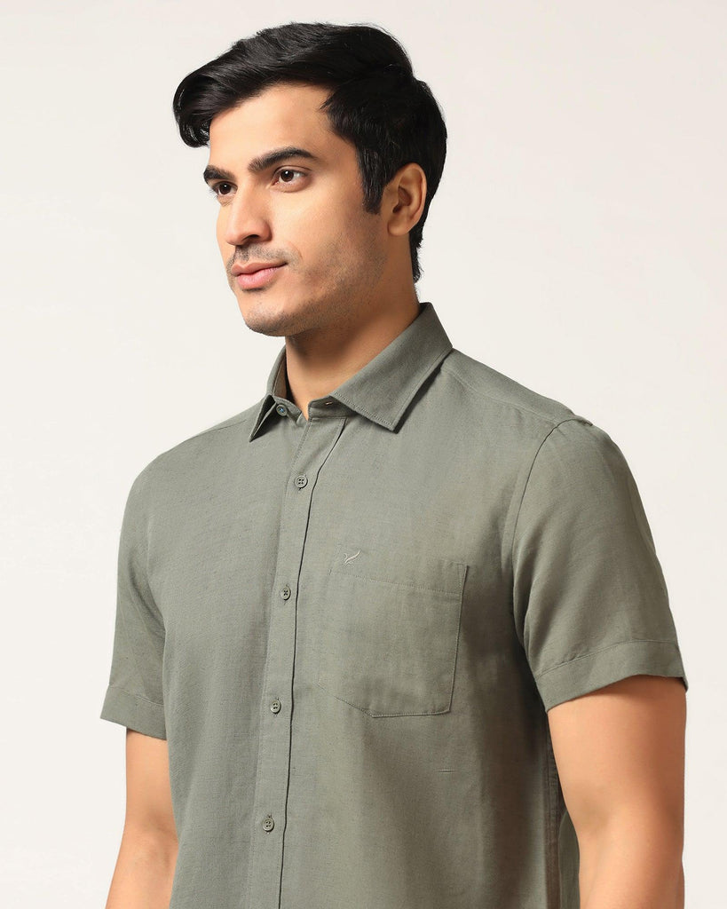 Linen Casual Half Sleeve Olive Solid Shirt - Salmon