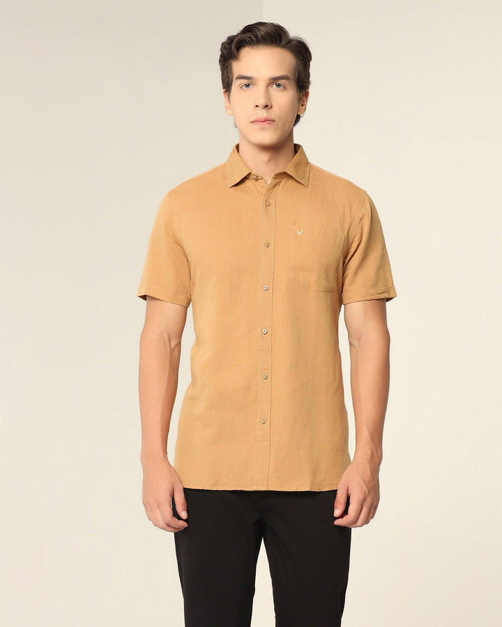 Linen Casual Half Sleeve Beige Solid Shirt - Salmon