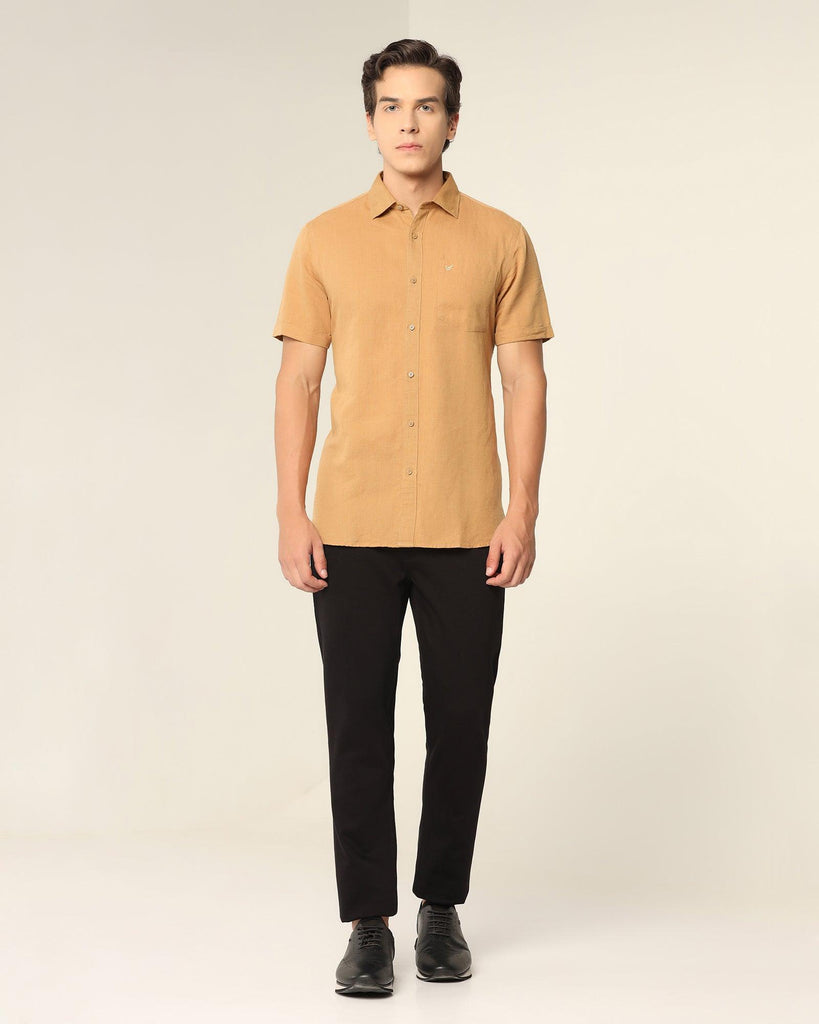 Linen Casual Half Sleeve Beige Solid Shirt - Salmon