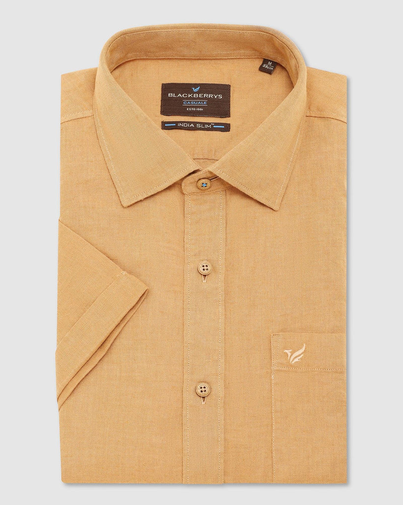 Linen Casual Half Sleeve Beige Solid Shirt - Salmon