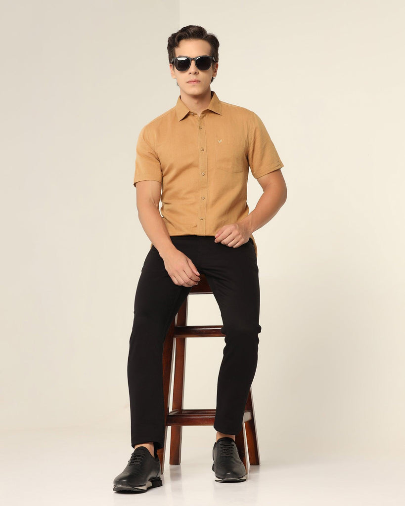 Linen Casual Half Sleeve Beige Solid Shirt - Salmon