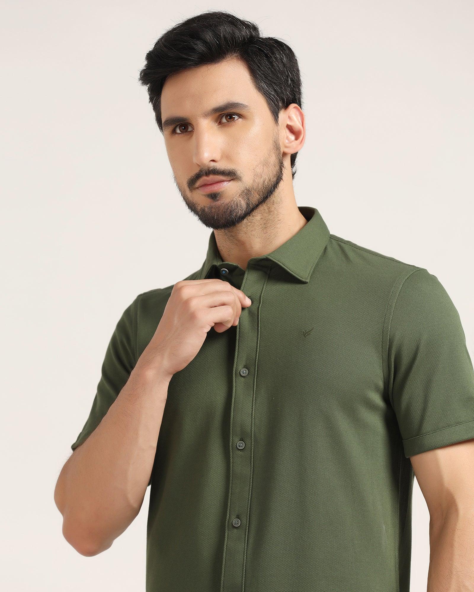 Formal Half Sleeve Green Solid Shirt - Pareto