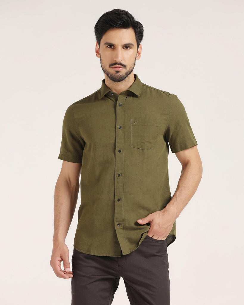 Linen Formal Half Sleeve Olive Solid Shirt - Lang