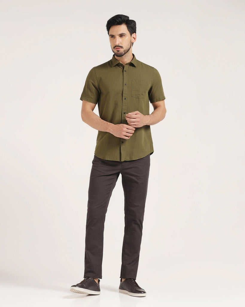 Linen Formal Half Sleeve Olive Solid Shirt - Lang