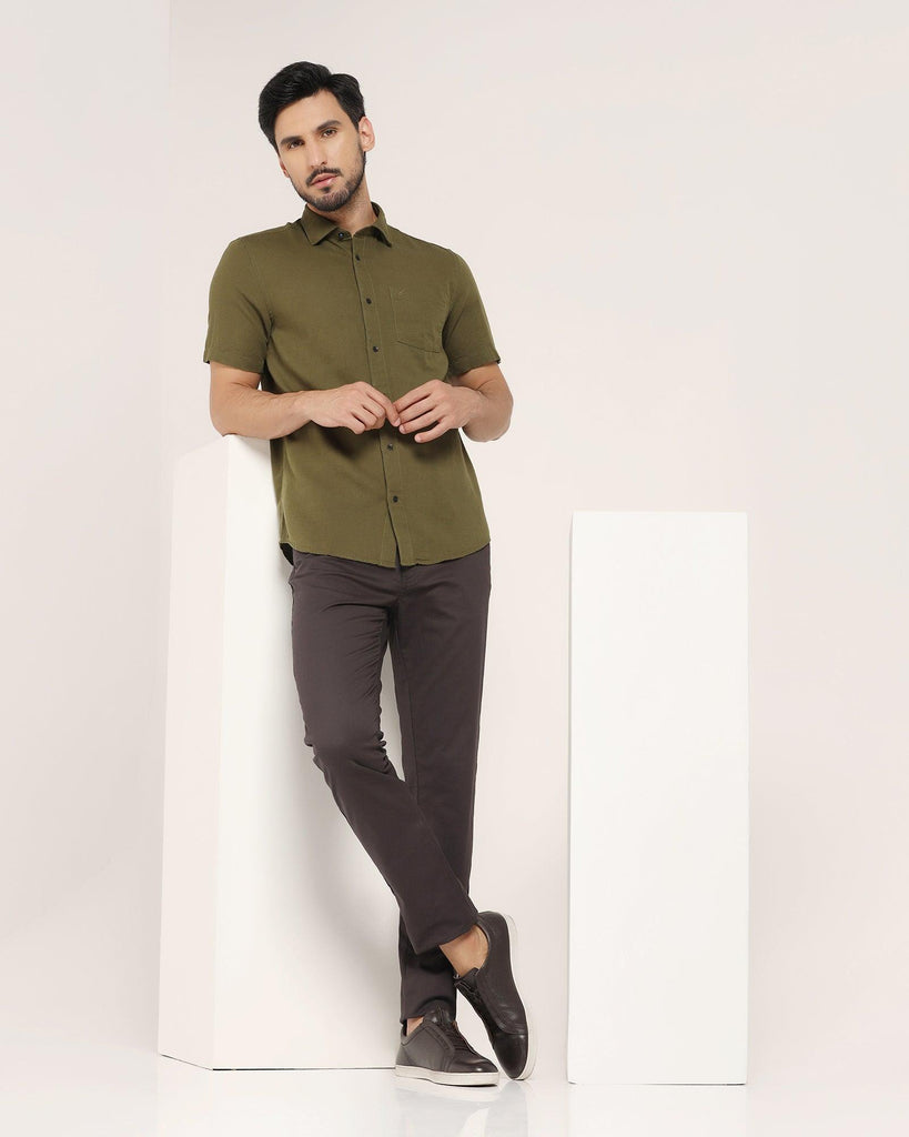 Linen Formal Half Sleeve Olive Solid Shirt - Lang