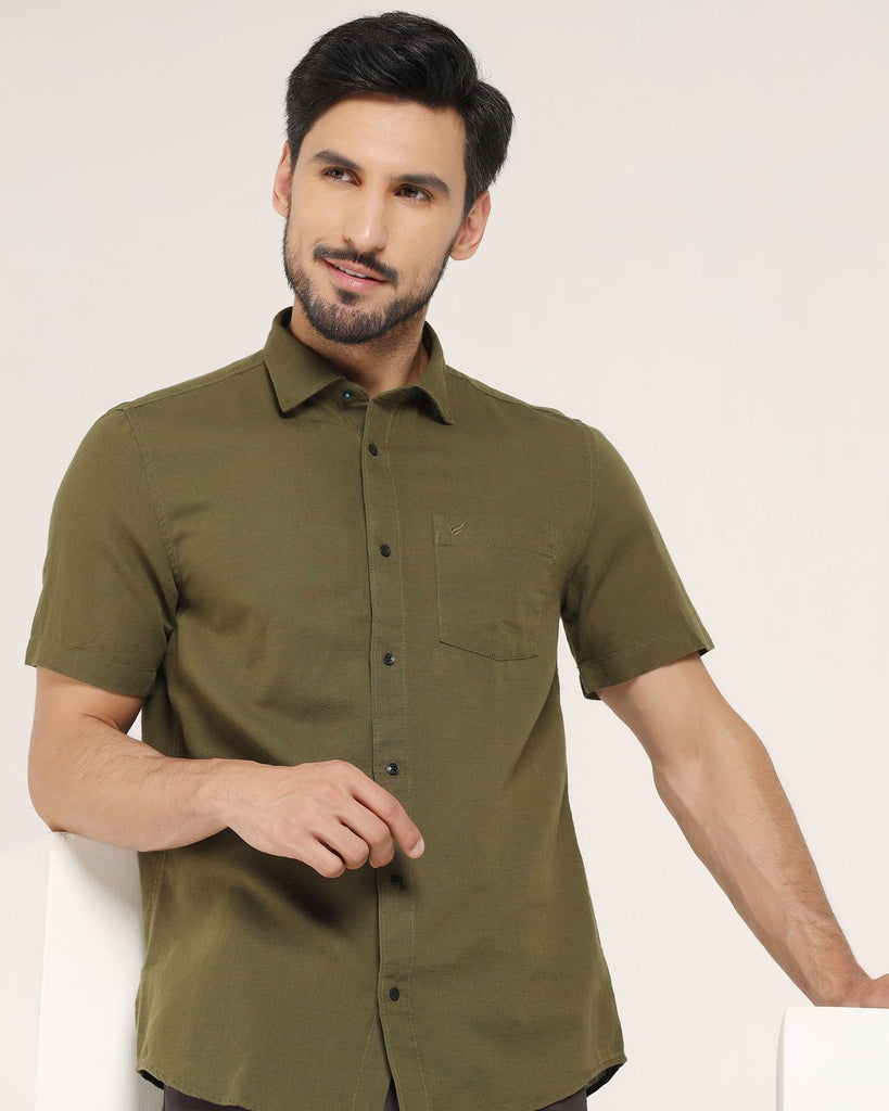 Linen Formal Half Sleeve Olive Solid Shirt - Lang