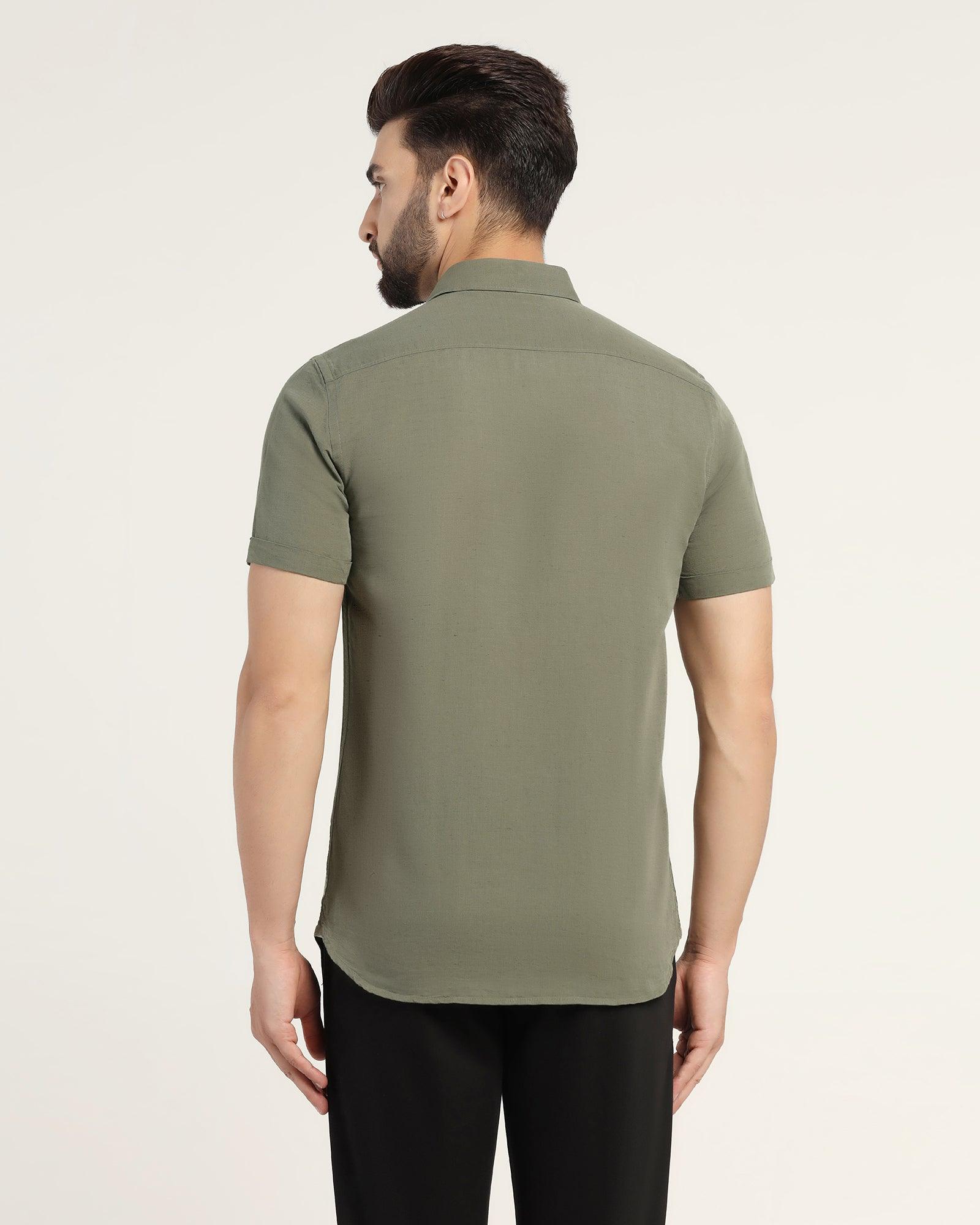 Linen Formal Half Sleeve Olive Solid Shirt - Salmon