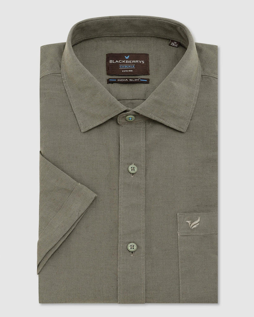 Linen Casual Half Sleeve Olive Solid Shirt - Salmon