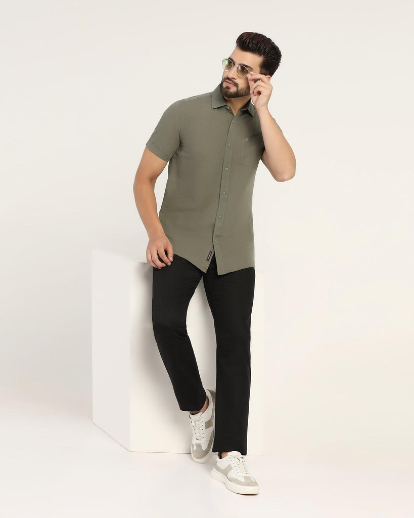 Linen Casual Half Sleeve Olive Solid Shirt - Salmon