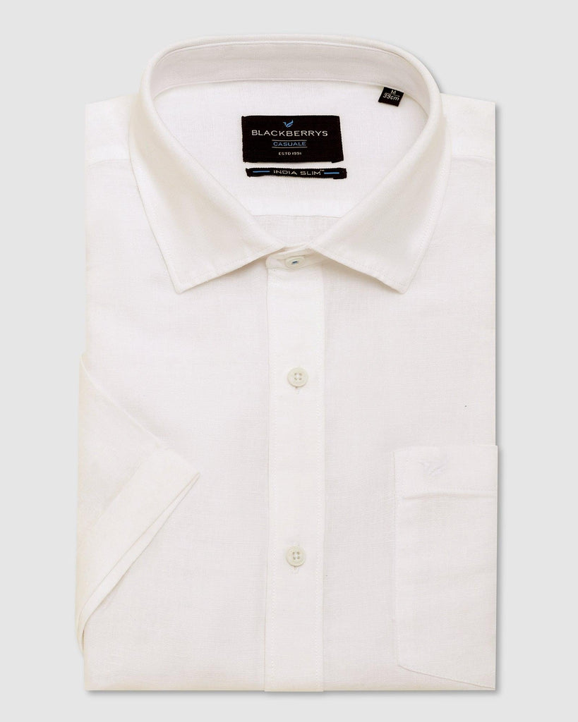 Linen Casual Half Sleeve White Solid Shirt - Salmon