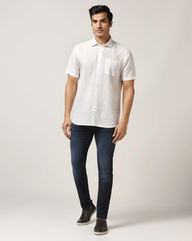 Linen Casual Half Sleeve White Solid Shirt - Salmon