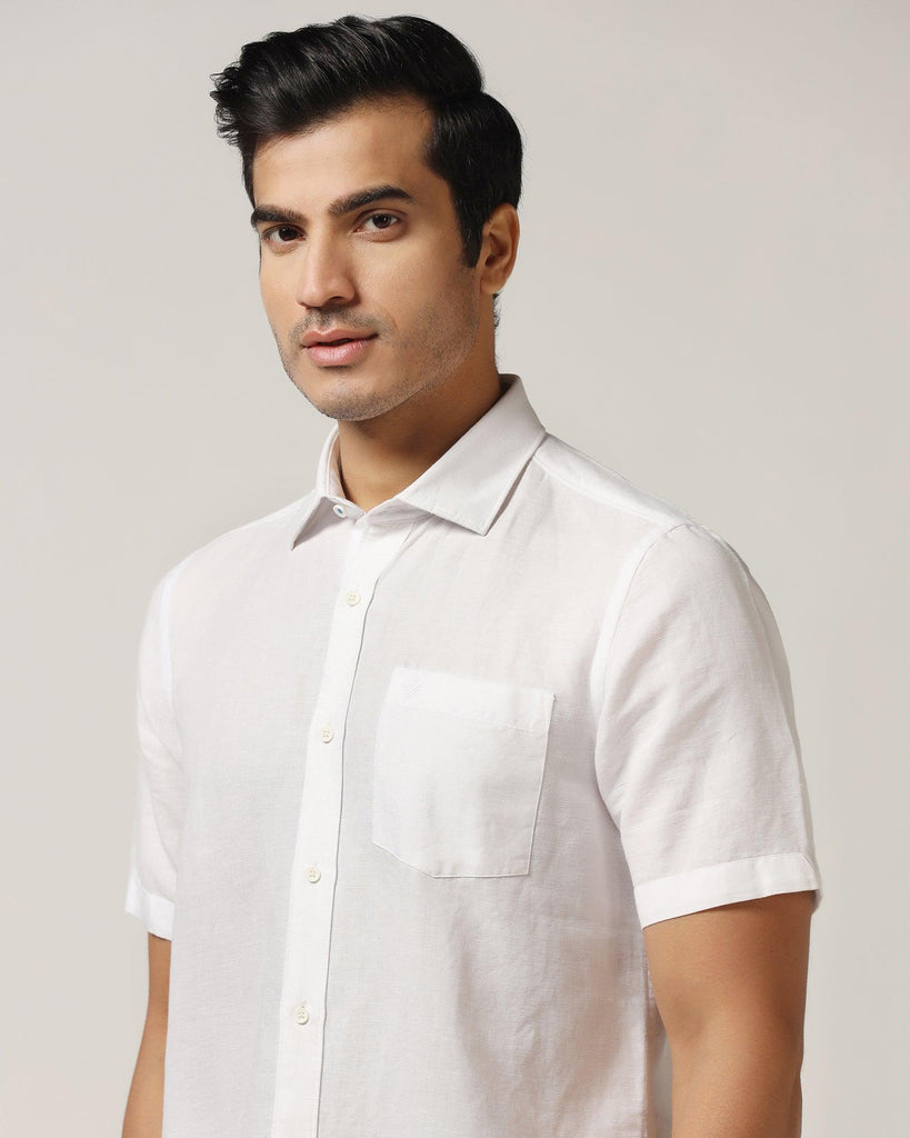 Linen Casual Half Sleeve White Solid Shirt - Salmon