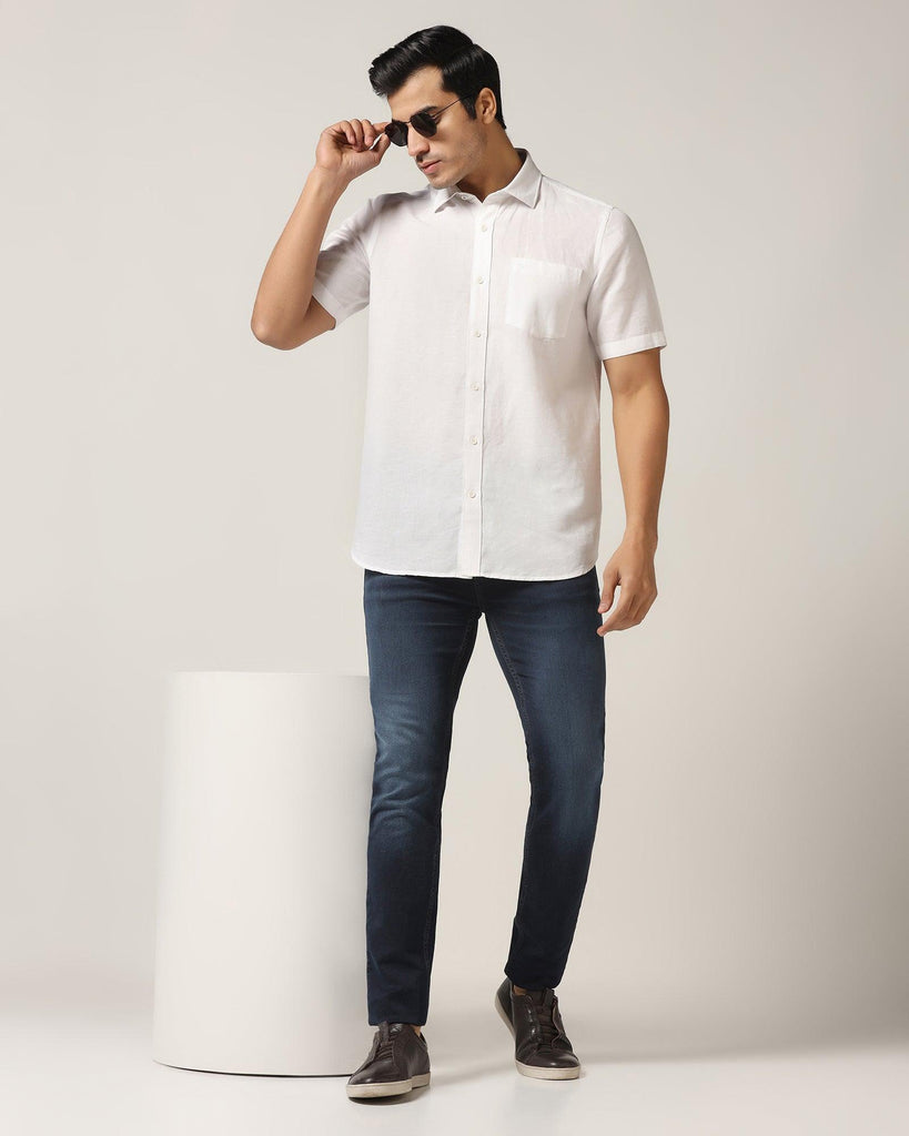 Linen Casual Half Sleeve White Solid Shirt - Salmon