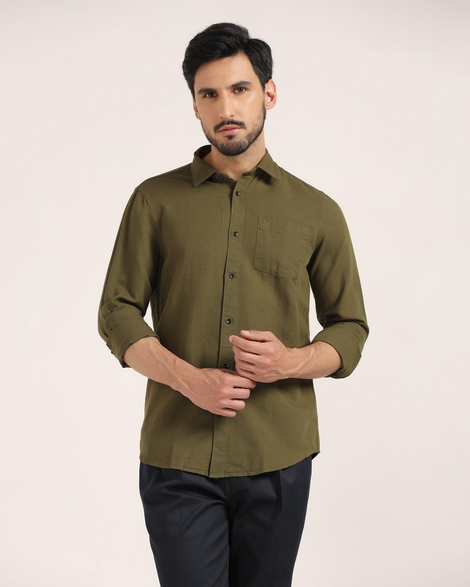 Linen Casual Olive Solid Shirt - Lang - Blackberrys