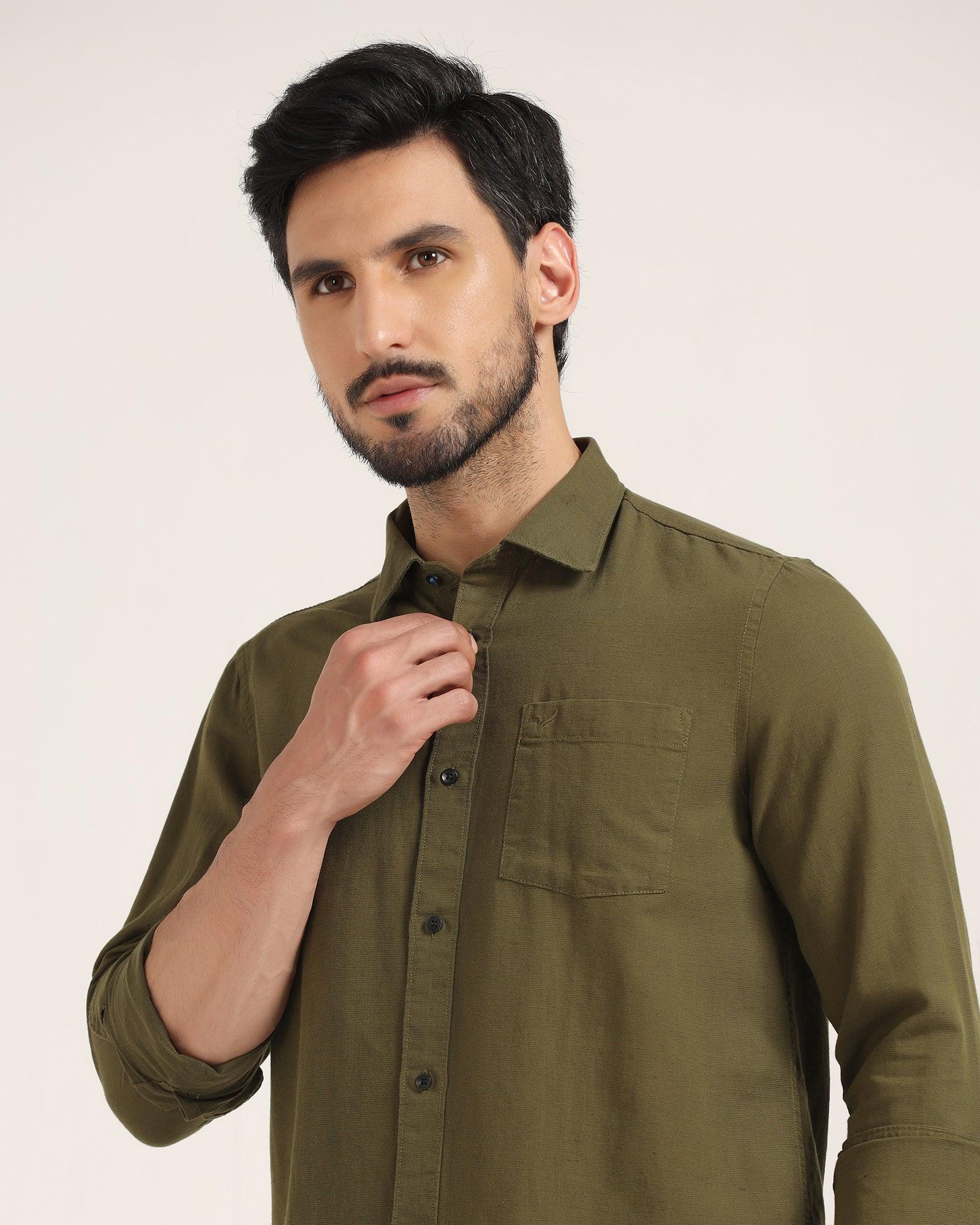 Linen Casual Olive Solid Shirt - Lang - Blackberrys