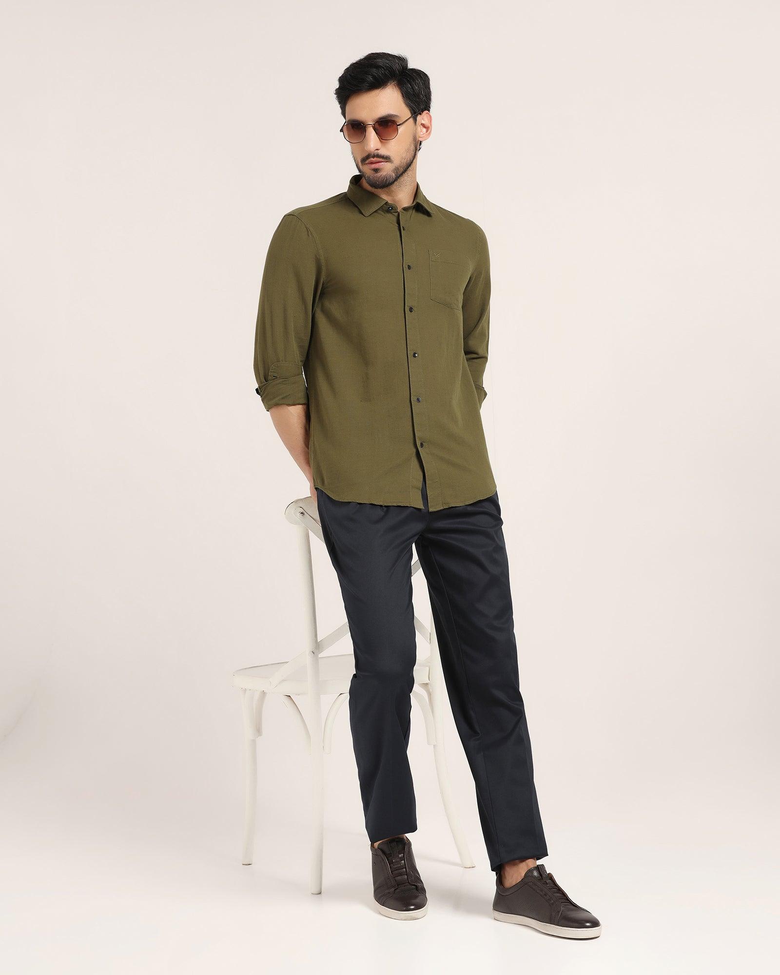 Linen Casual Olive Solid Shirt - Lang - Blackberrys