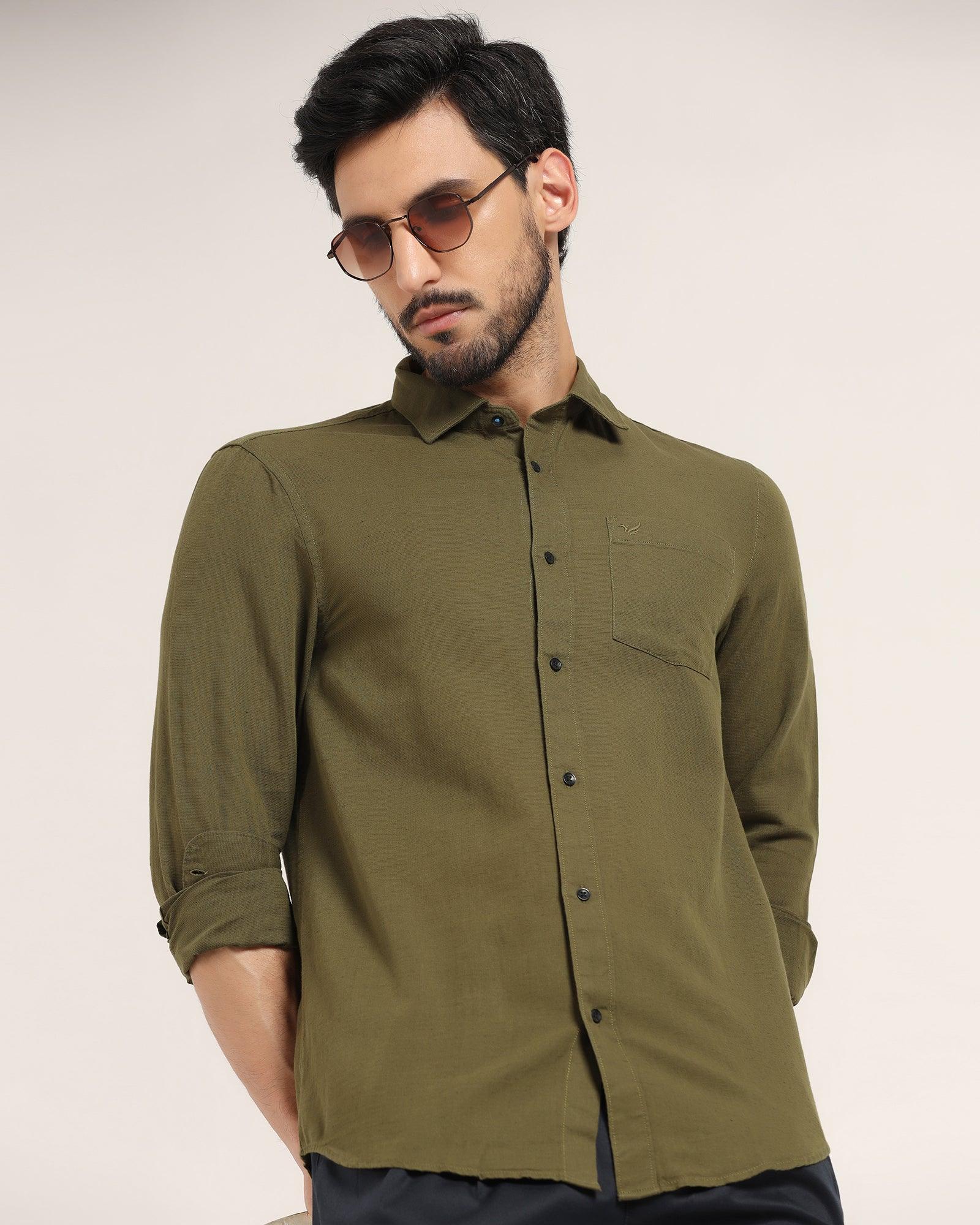 Linen Casual Olive Solid Shirt - Lang - Blackberrys