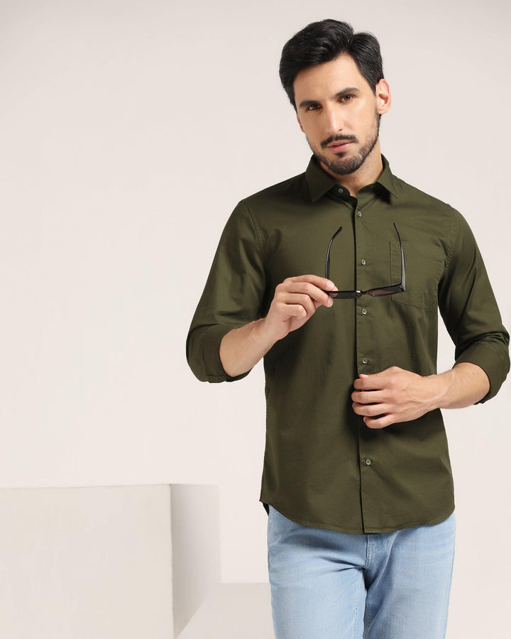 Casual Olive Solid Shirt - Vertus