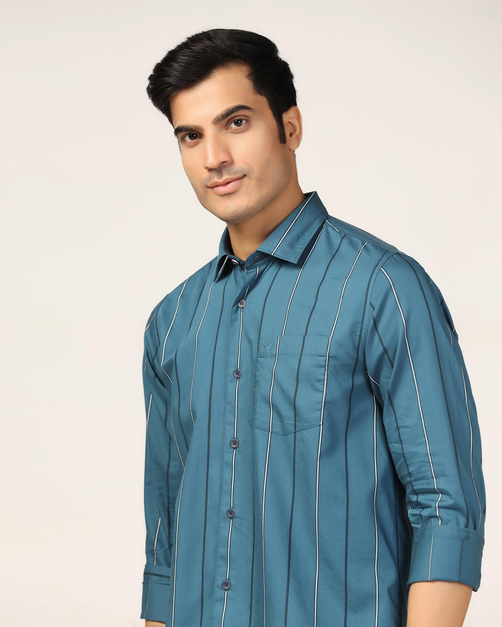 Casual Teal Blue Stripe Shirt - Marko