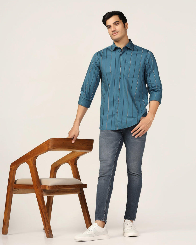 Casual Teal Blue Stripe Shirt - Marko