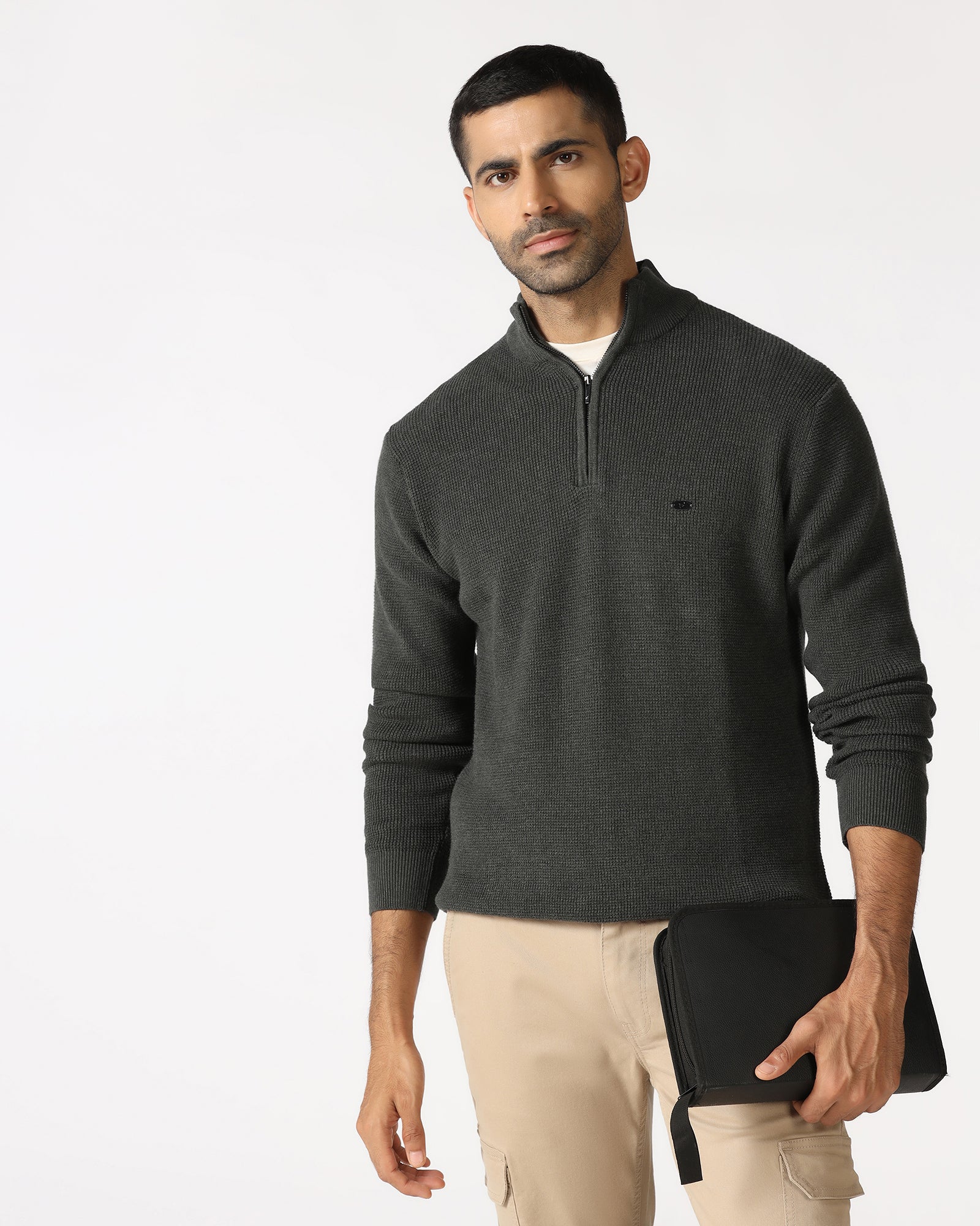 HEL0Q Buy Charcoal High Neck Jacquard Sweatshirt Online