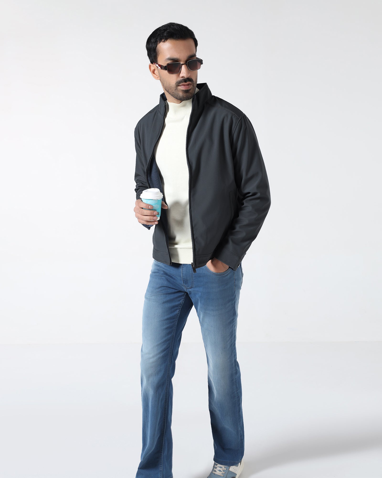 Charcoal Reversible Solid Zipper Jacket - Yulin