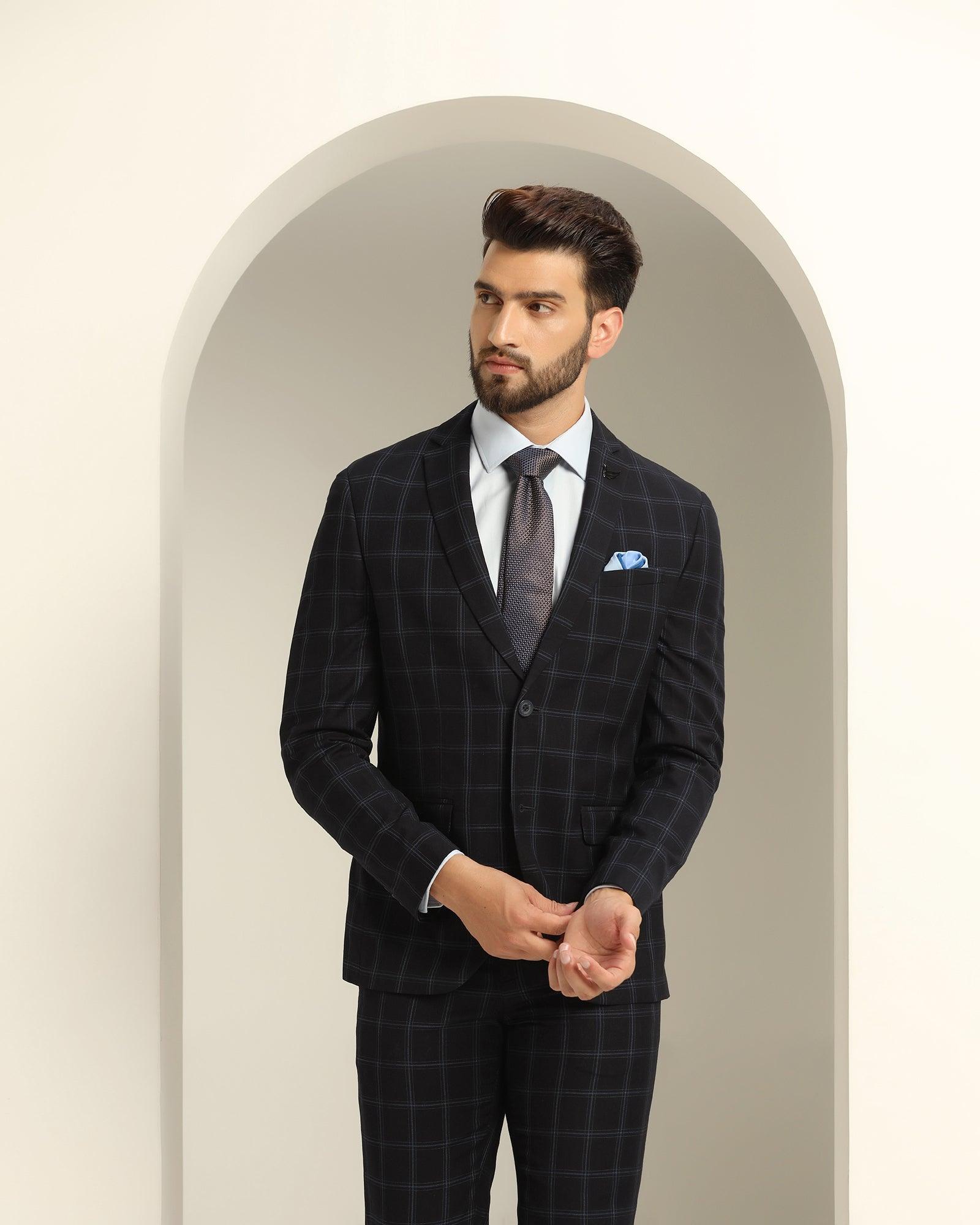 Two Piece Navy Check Formal Suit - Jobain