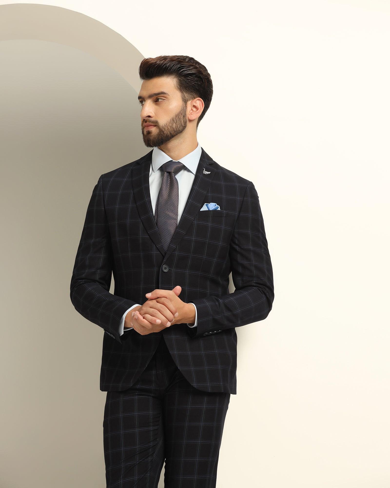 Two Piece Navy Check Formal Suit - Jobain