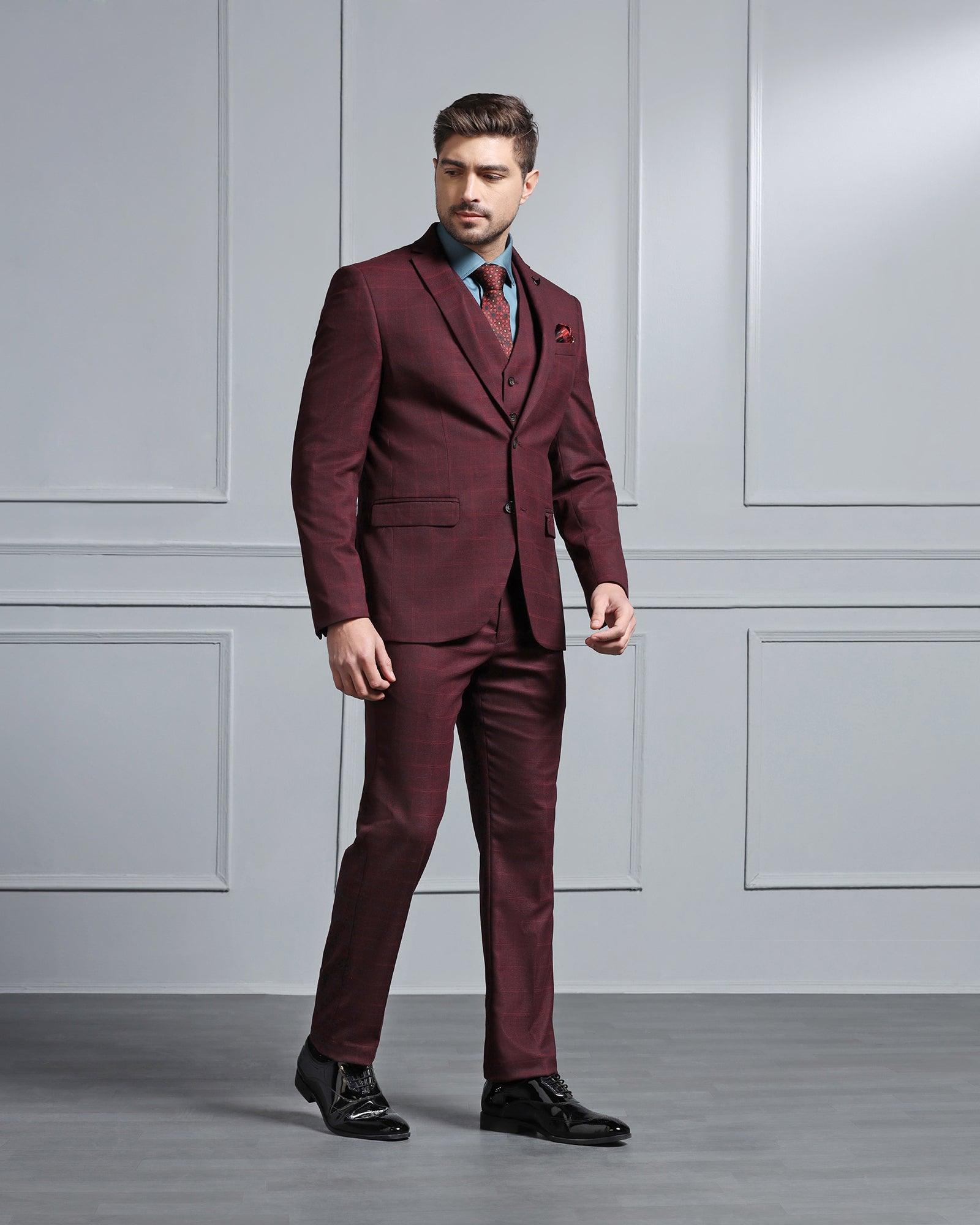 Three Piece Maroon Check Formal Suit - Wester